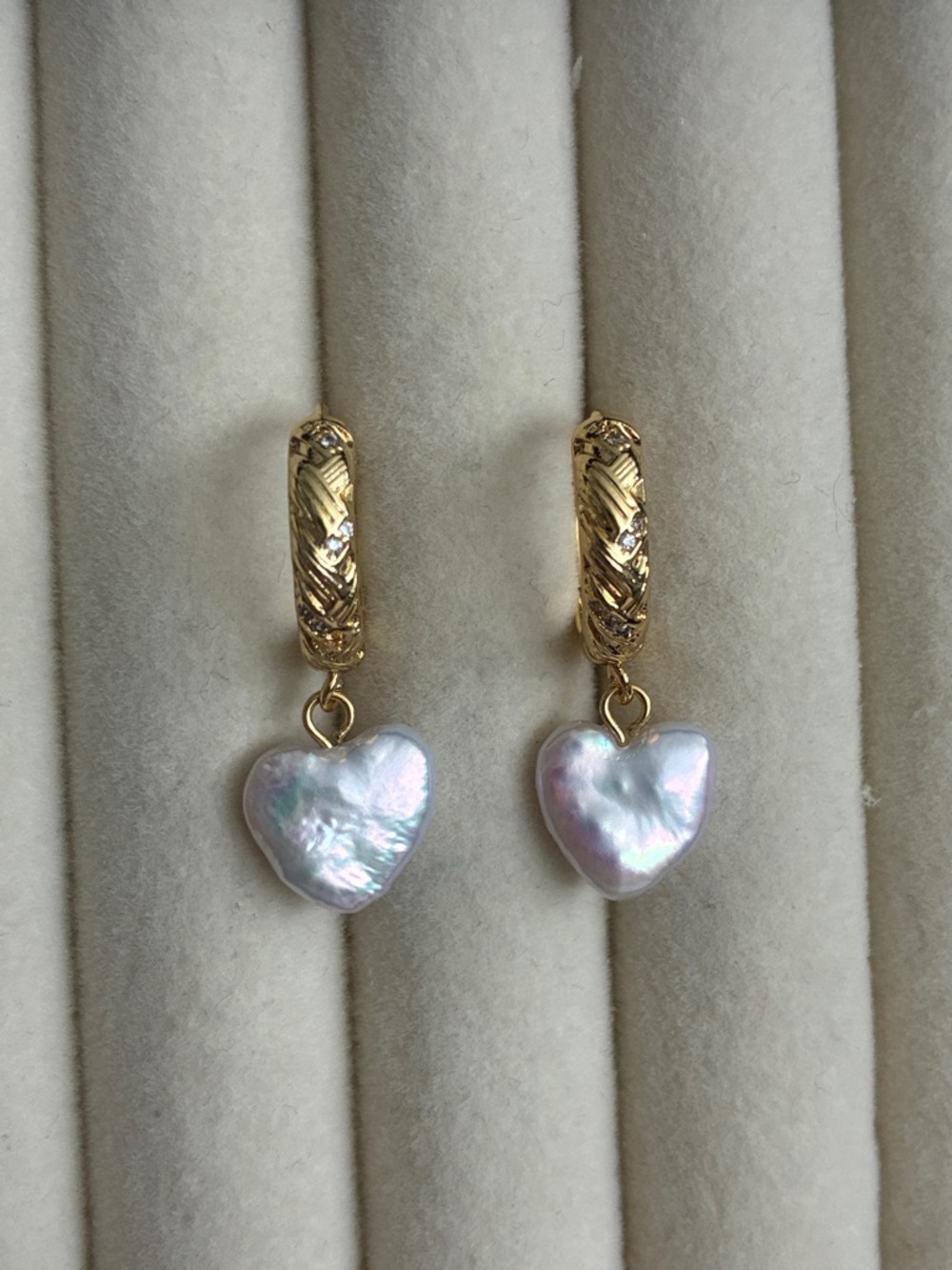 Gold Huggie Earrings with Iridescent Heart Pearl Drops